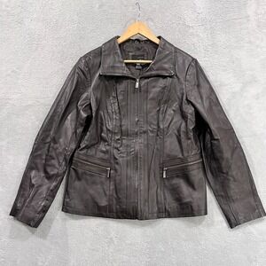 East 5th Jacket Women's Large Brown Genuine Leather Zip Front Pockets Y2K‎